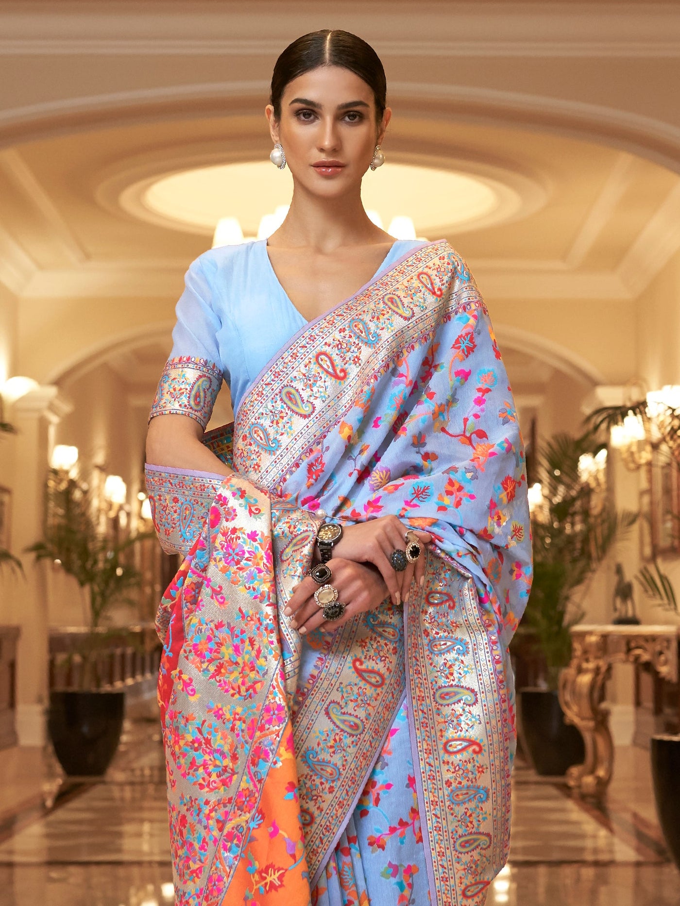Columbia Blue Pashmina Linen Saree
