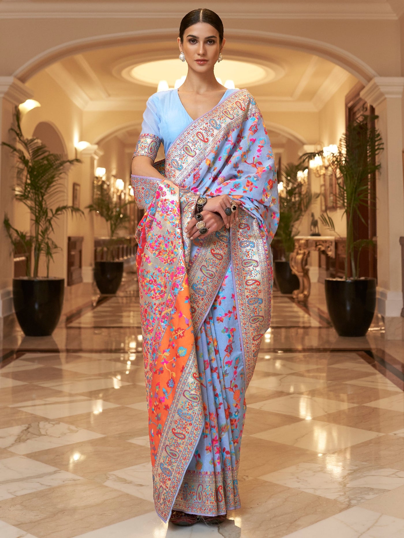 Columbia Blue Pashmina Linen Saree