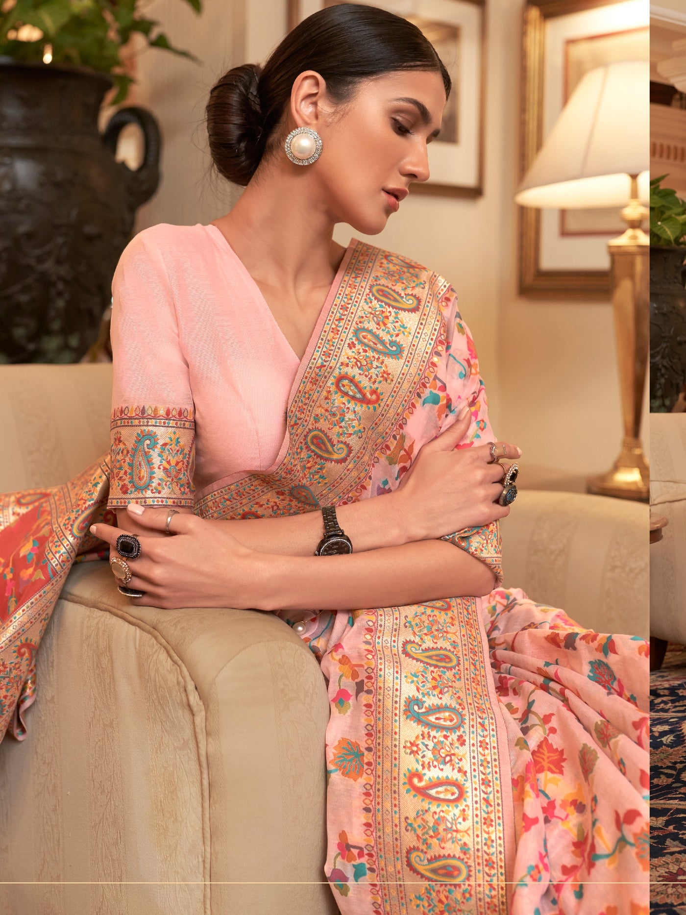 Salmon  Red Pashmina Linen Saree