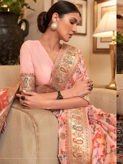 Salmon  Red Pashmina Linen Saree