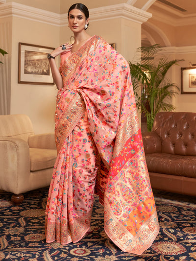 Salmon  Red Pashmina Linen Saree