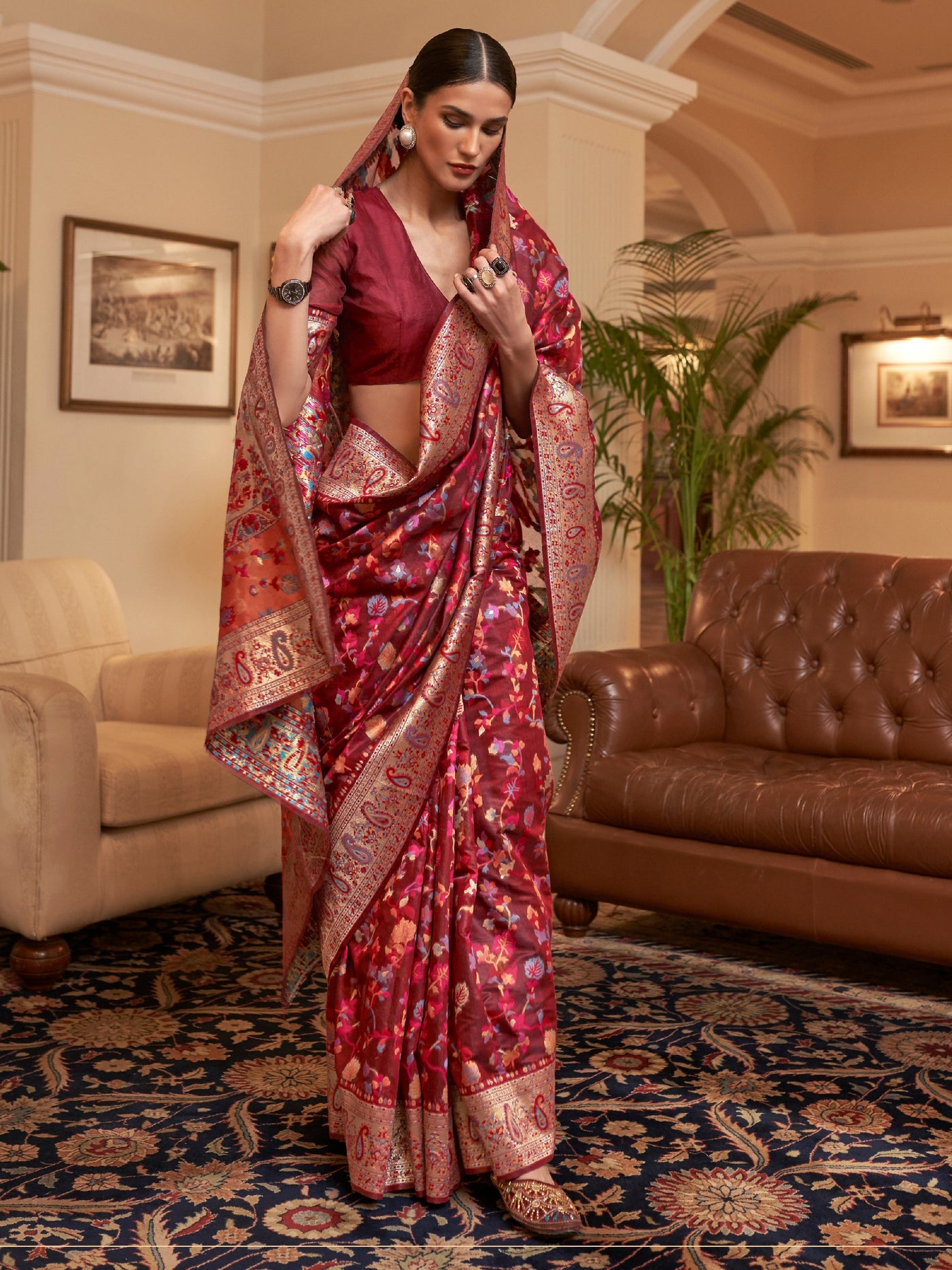 Rosewood  Maroon Pashmina Linen Saree