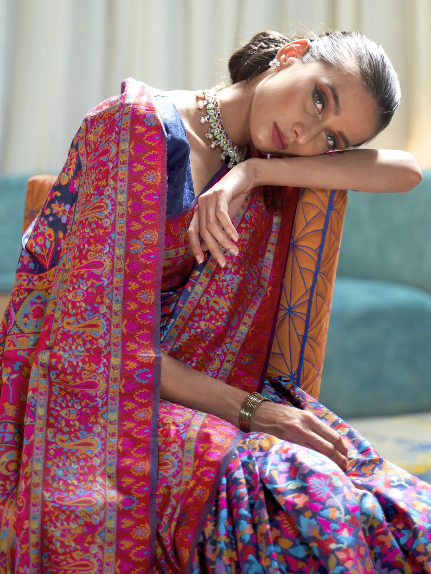 Oxford Blue -Multi  Pashmina Linen Saree