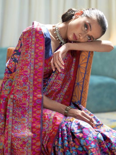 Oxford Blue -Multi  Pashmina Linen Saree