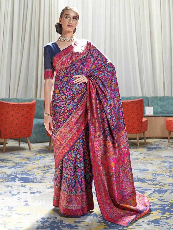 Oxford Blue-Multi Pashmina Linen Saree