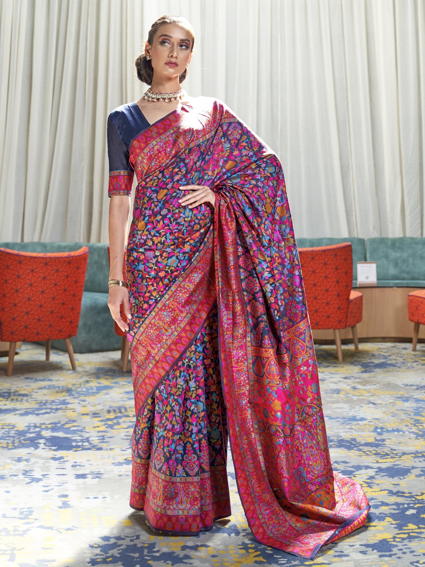 Oxford Blue -Multi  Pashmina Linen Saree