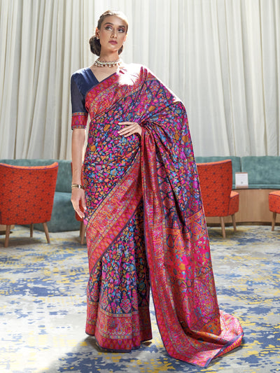 Oxford Blue -Multi  Pashmina Linen Saree