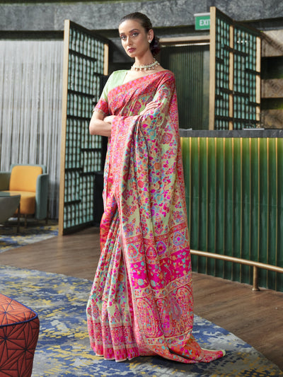 Tea Green-Multi  Pashmina Linen Saree