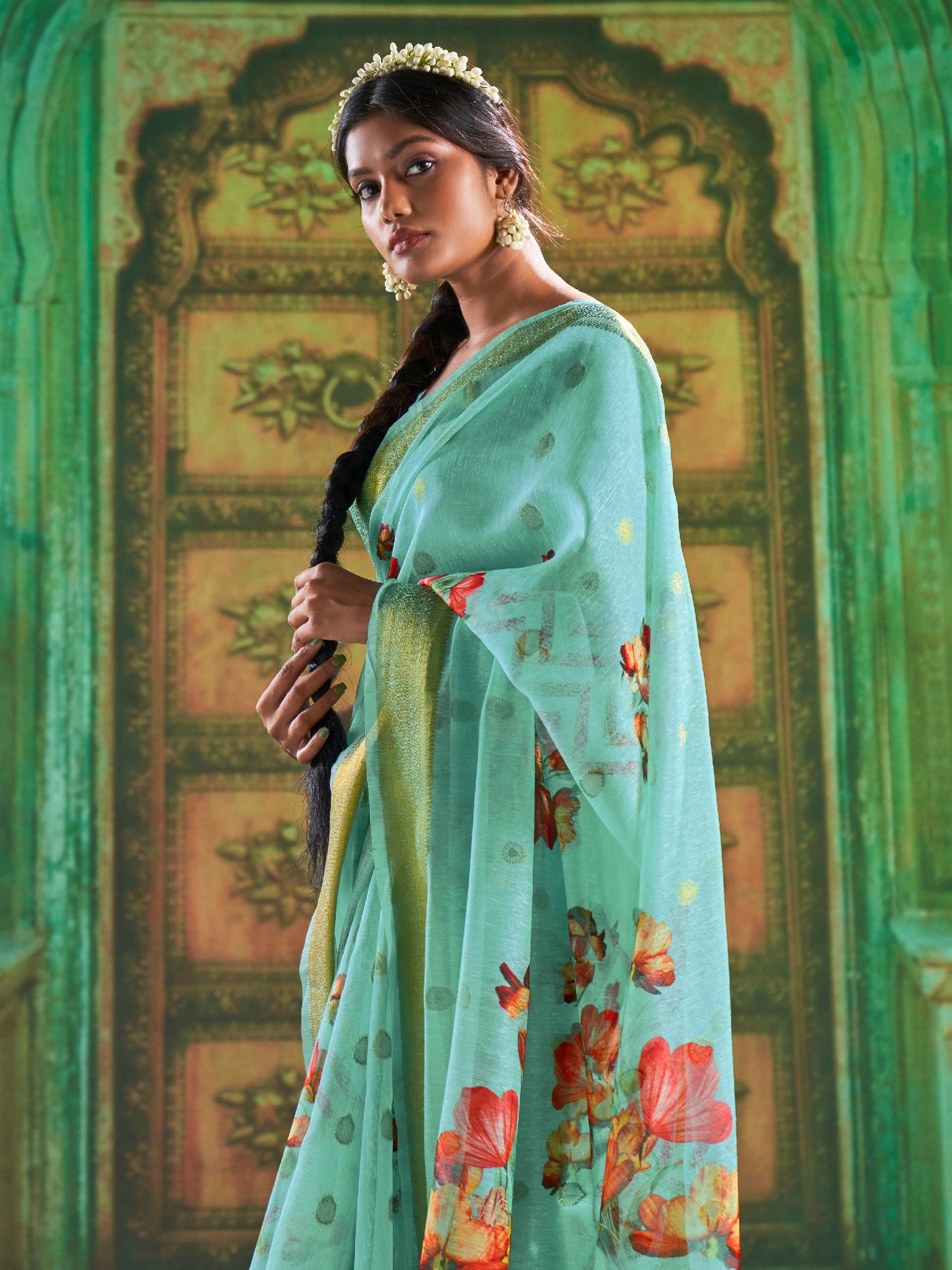 Powder Blue Print Linen Saree