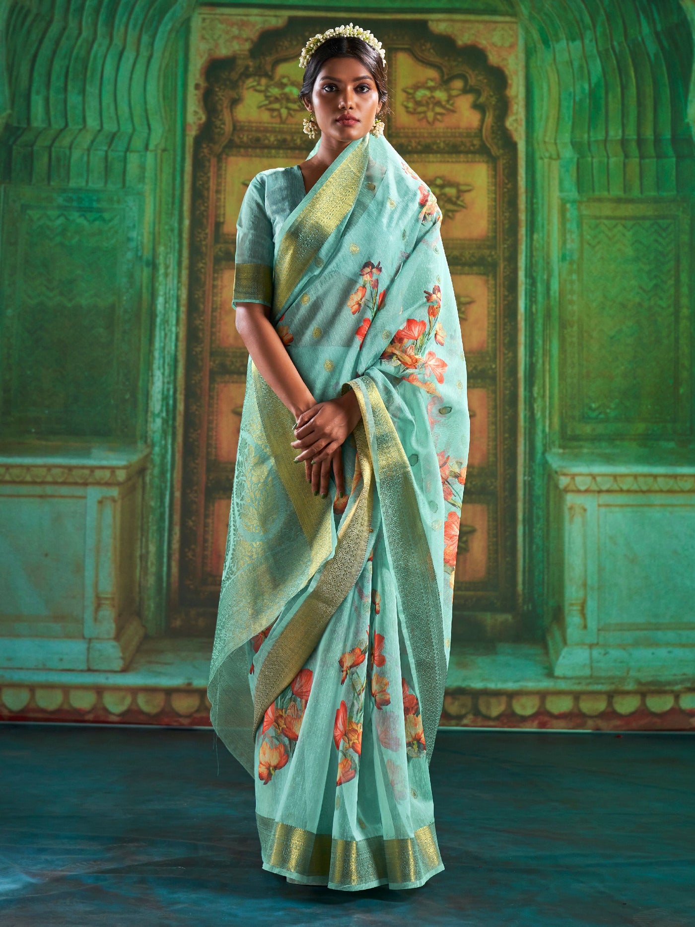 Powder Blue Print Linen Saree