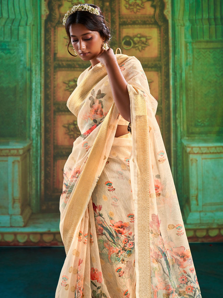 Beige  Print Linen Saree