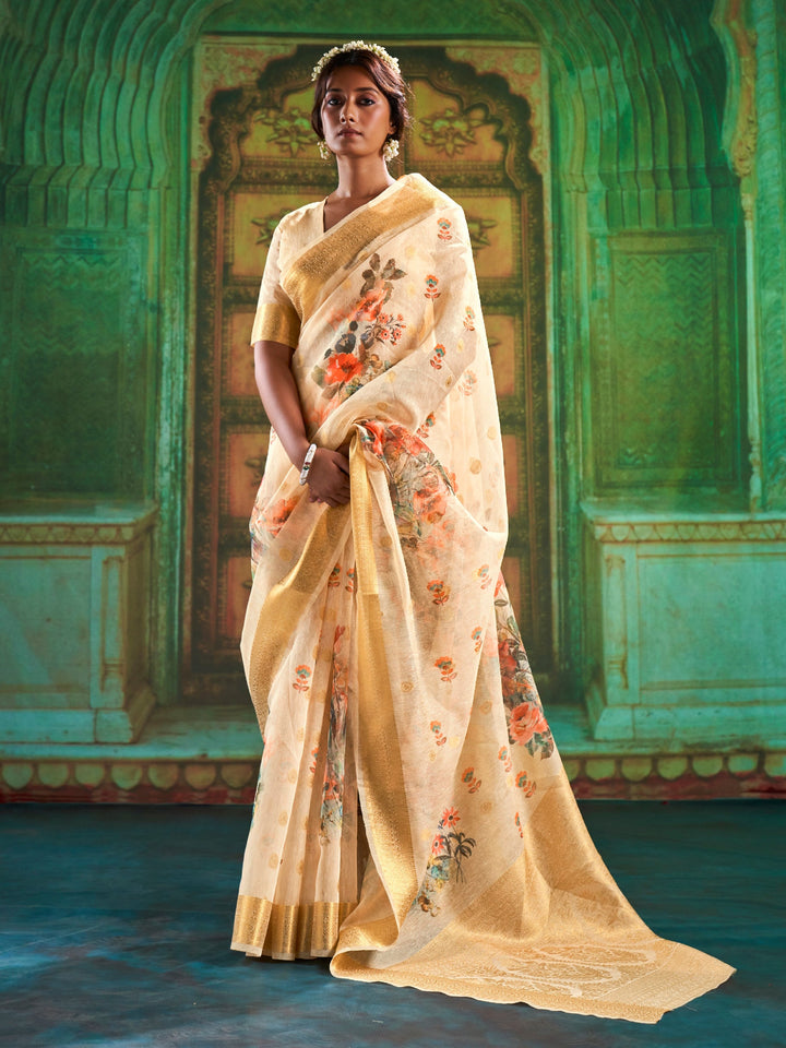 Beige  Print Linen Saree
