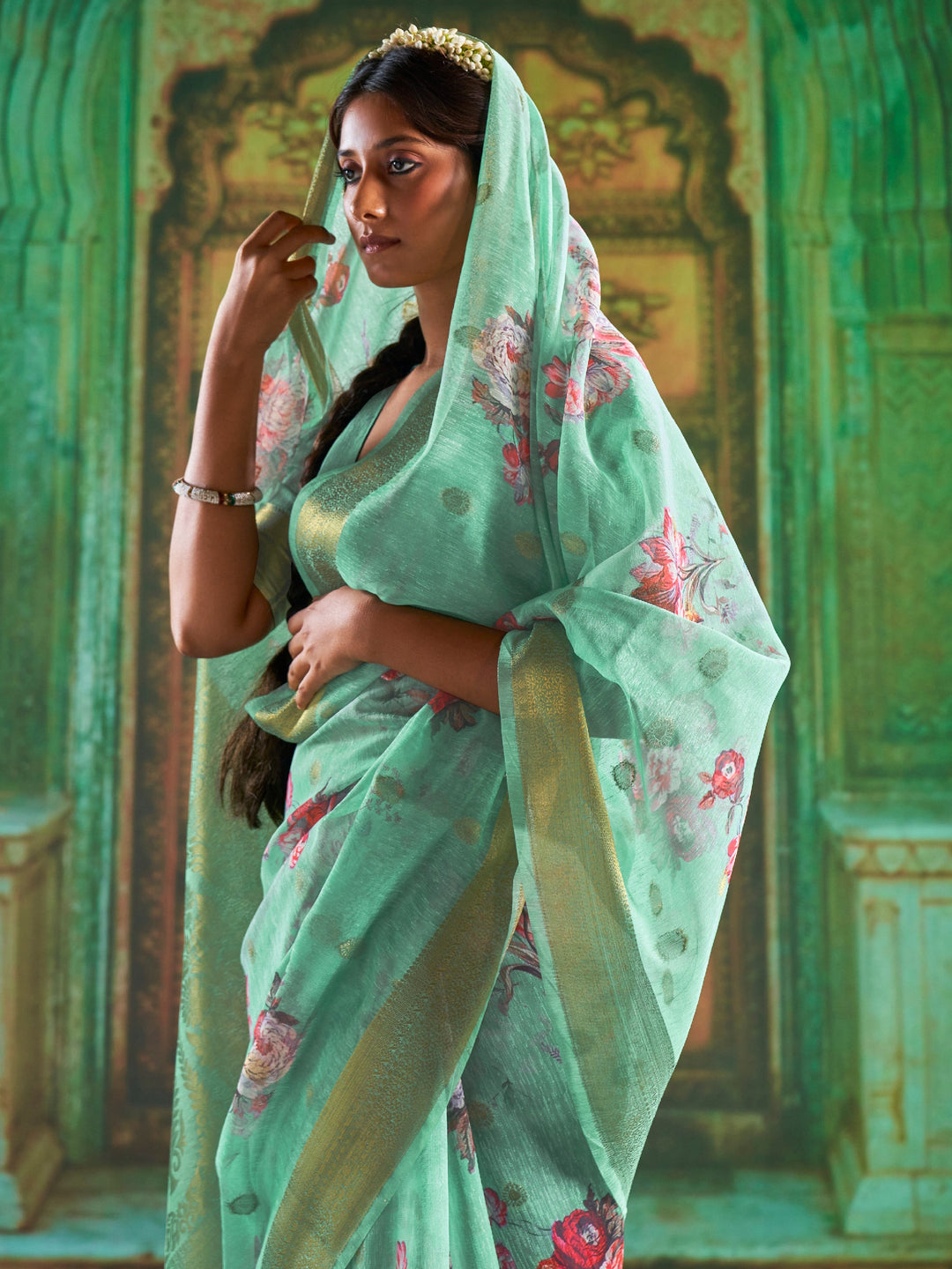 Cyan Blue Print Linen Saree