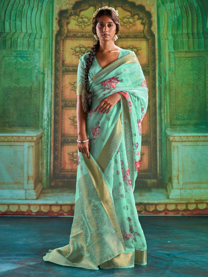 Cyan Blue Print Linen Saree