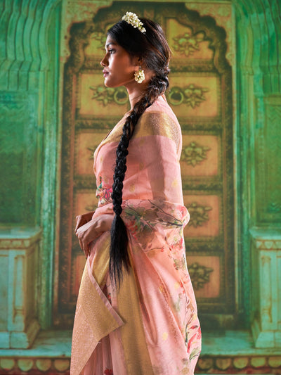 Millennial Pink Print Linen Saree