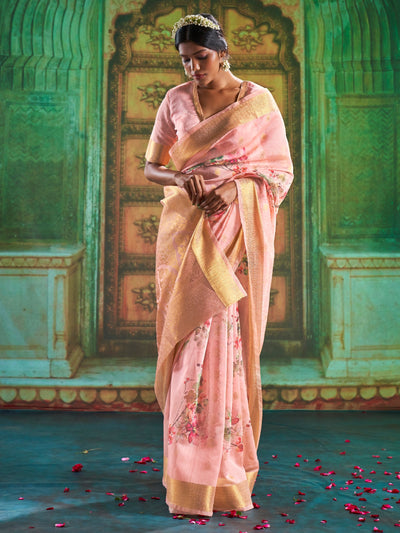 Millennial Pink Print Linen Saree