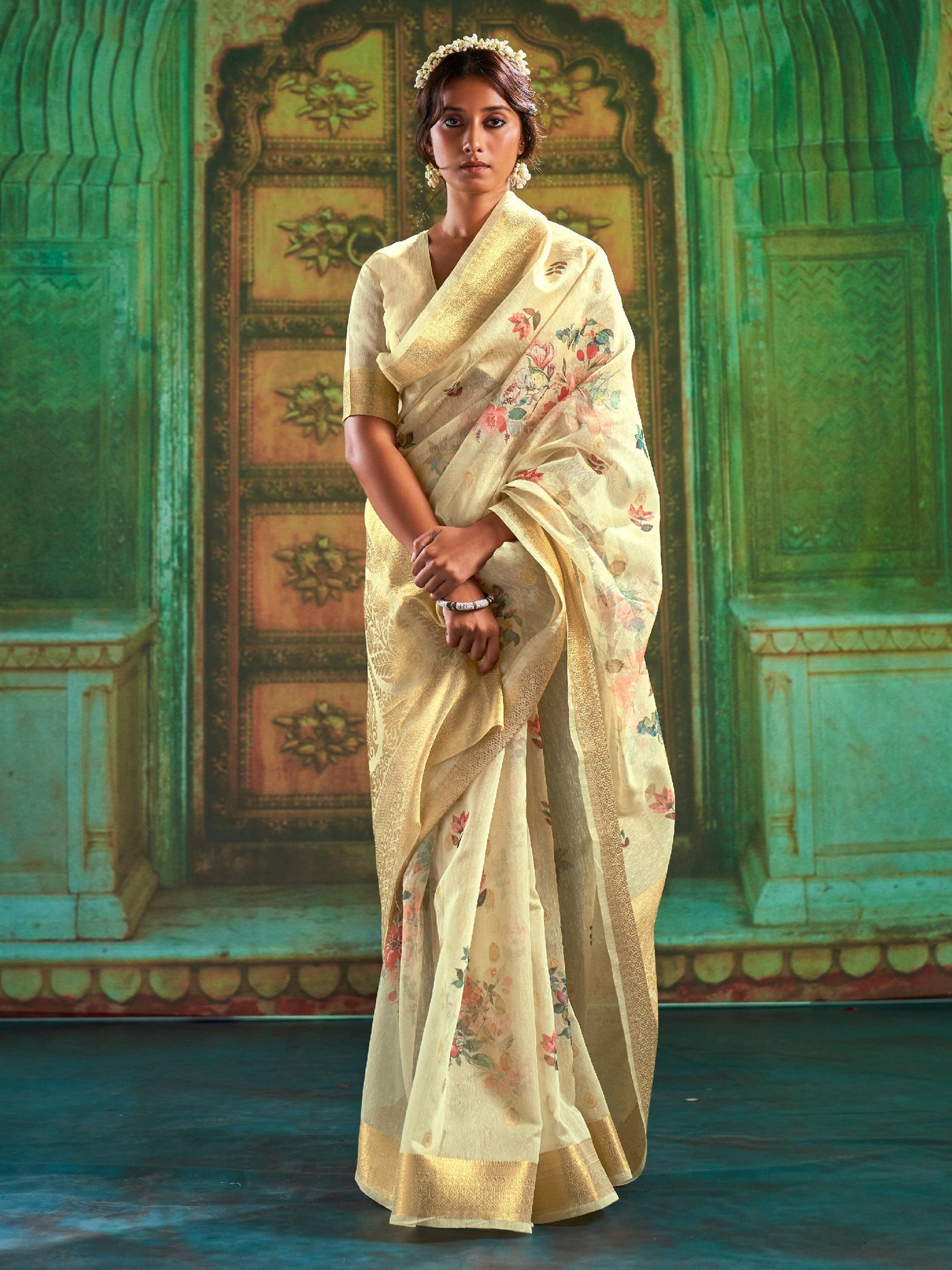 Light Yellow Print Linen Saree