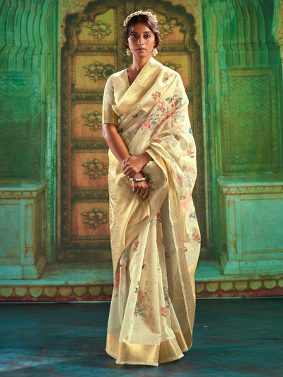 Light Yellow Print Linen Saree