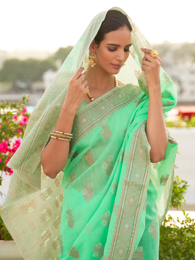 Aquamarine  Green Linen Saree