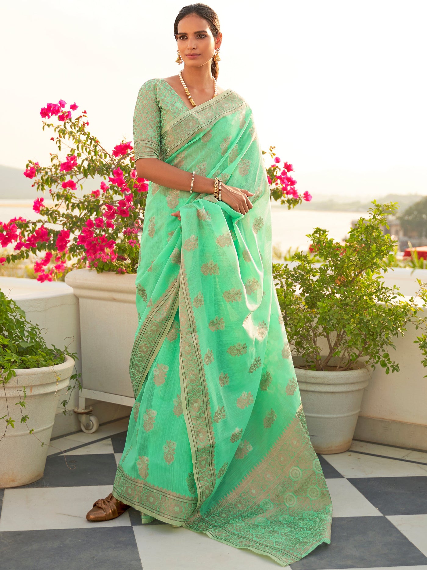 Aquamarine  Green Linen Saree