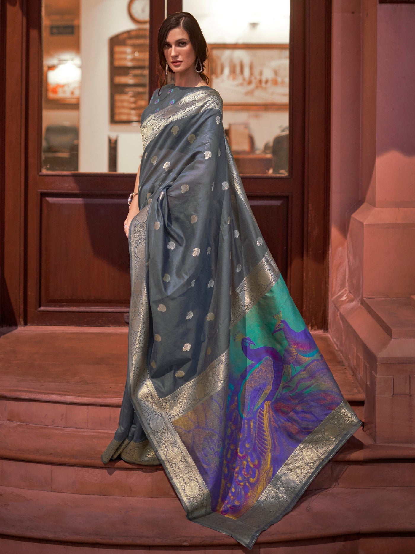 Slate Grey Bollywood Silk Blend Saree