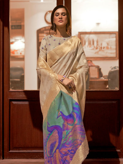 Ivory  White Bollywood Silk Blend Saree