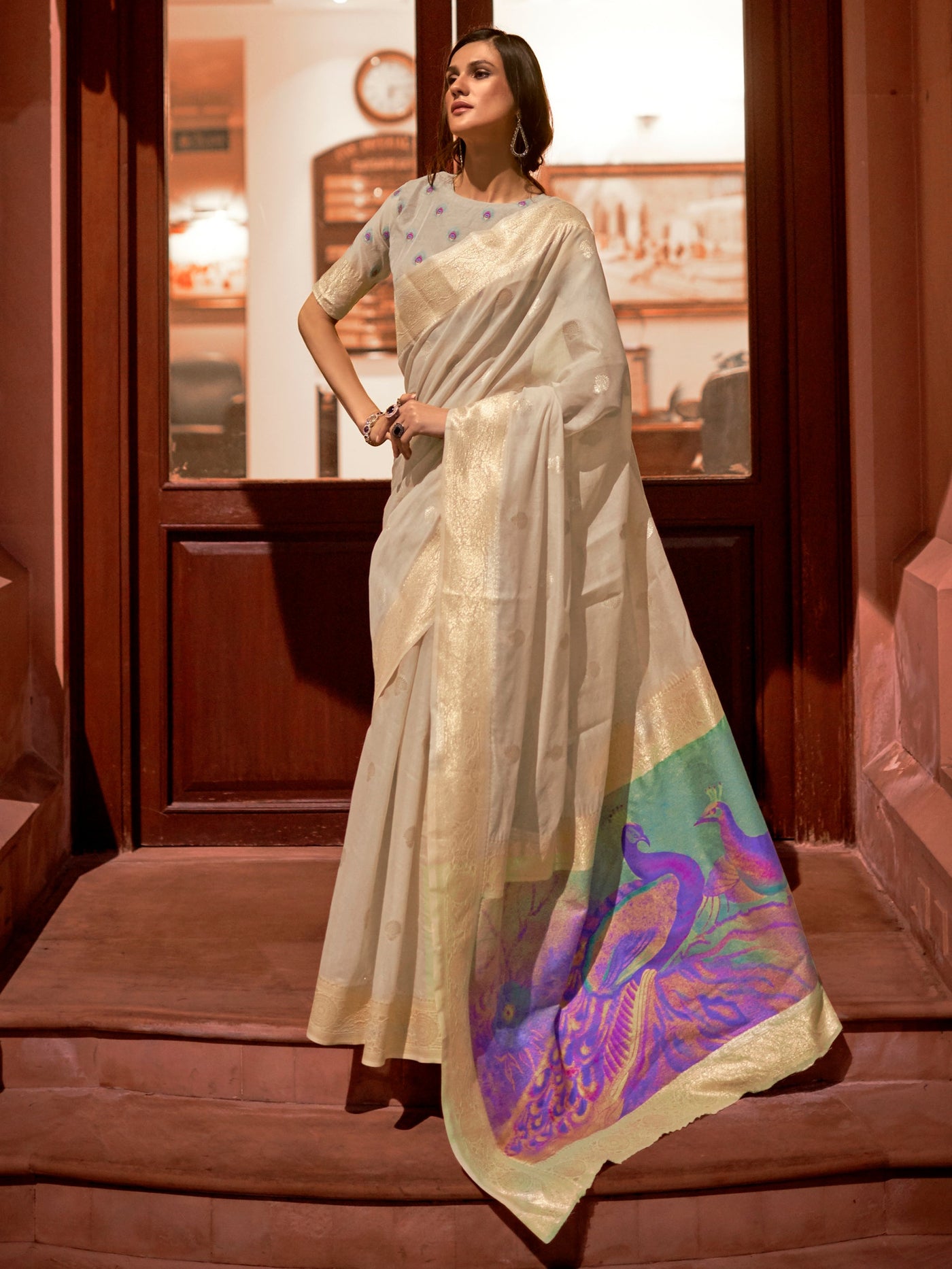 Ivory  White Bollywood Silk Blend Saree