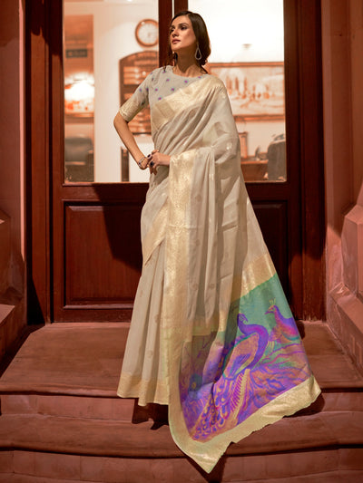 Ivory  White Bollywood Silk Blend Saree
