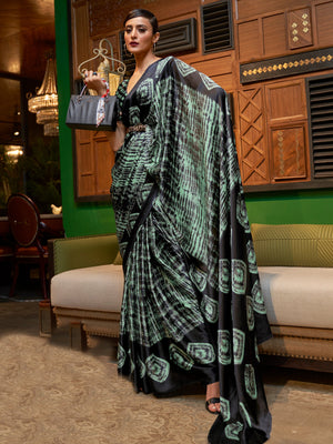  Licorice and moss green Bollywood crepe saree featuring stylish digital print, perfect for festive occasions.