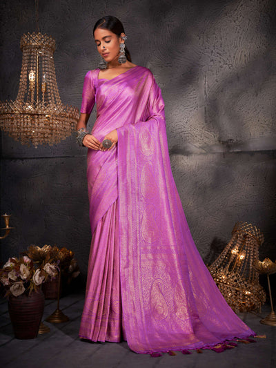 Model in a full-body shot wearing the saree, highlighting its fluid fall and opulent finish.