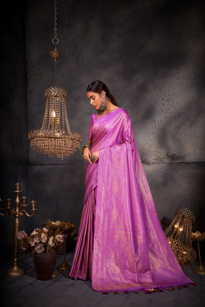 Full-length view showcasing the flowing drape and luxurious sheen of the saree.