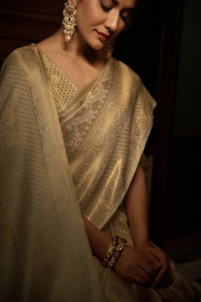 Saree drape with detailed pallu design and soft fall, paired with traditional gold jewelry.
