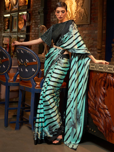Robin egg blue and ebony Bollywood crepe saree featuring stylish digital print, perfect for festive occasions.