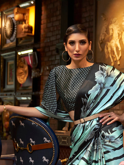 Elegant robin egg blue and ebony Bollywood-style crepe saree adorned with stylish digital prints, suitable for festive celebrations.