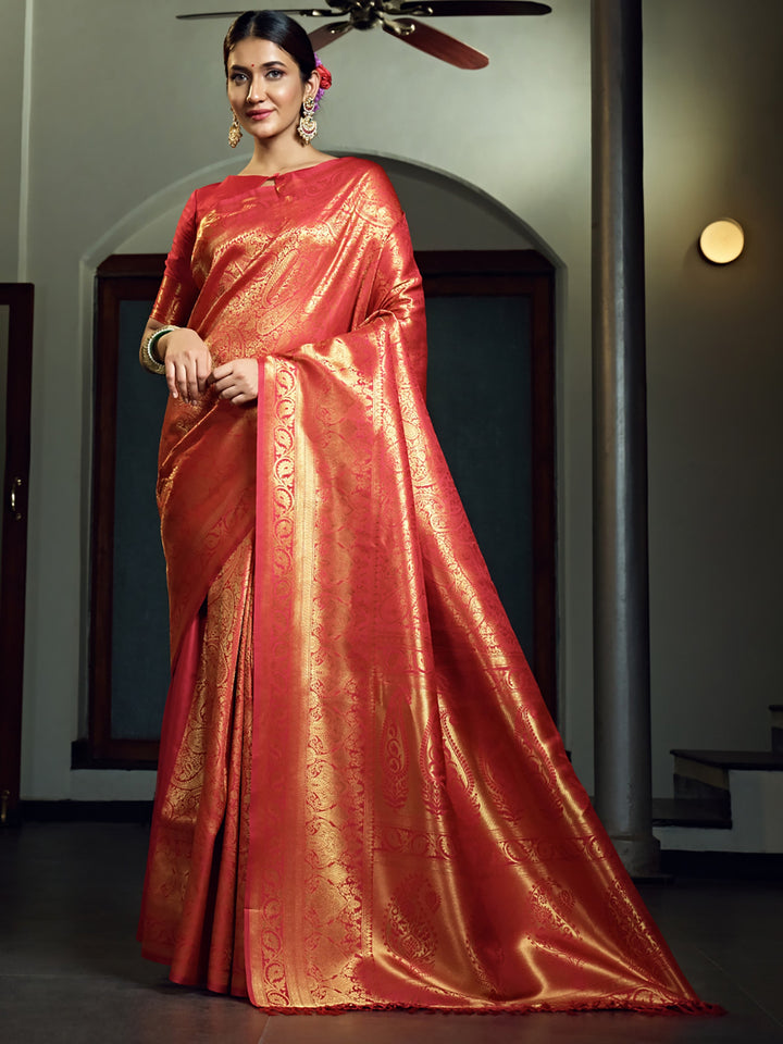 Front view of the Scarlet Red Kanjeevaram Silk Saree draped elegantly with visible zari work and pallu.