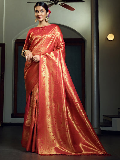 Front view of the Scarlet Red Kanjeevaram Silk Saree draped elegantly with visible zari work and pallu.
