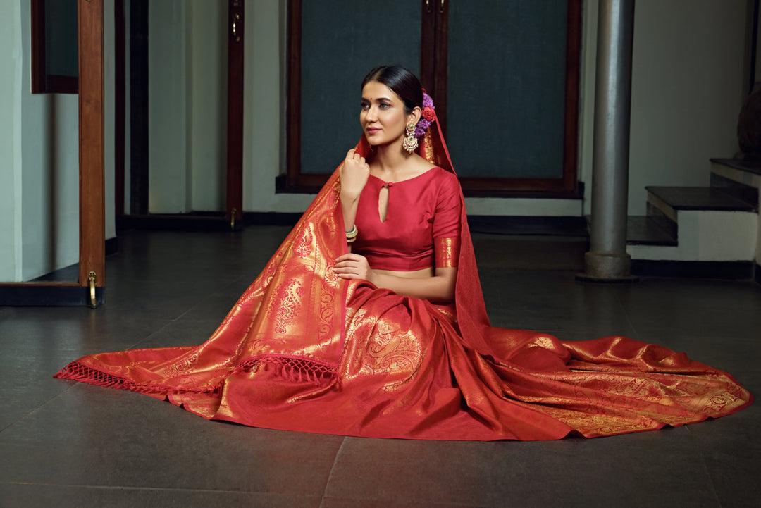 Side pose showing the graceful fall and pleats of the saree with the matching blouse.