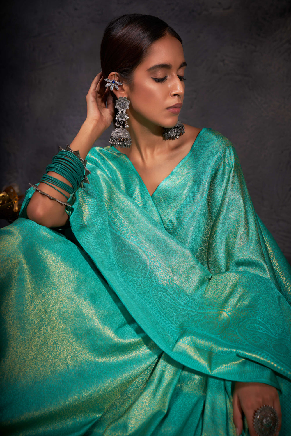 Close-up of the rich zari detailing on the saree’s pallu and border.