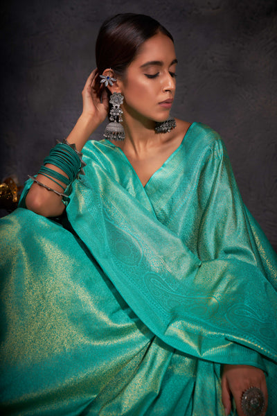 Close-up of the rich zari detailing on the saree’s pallu and border.