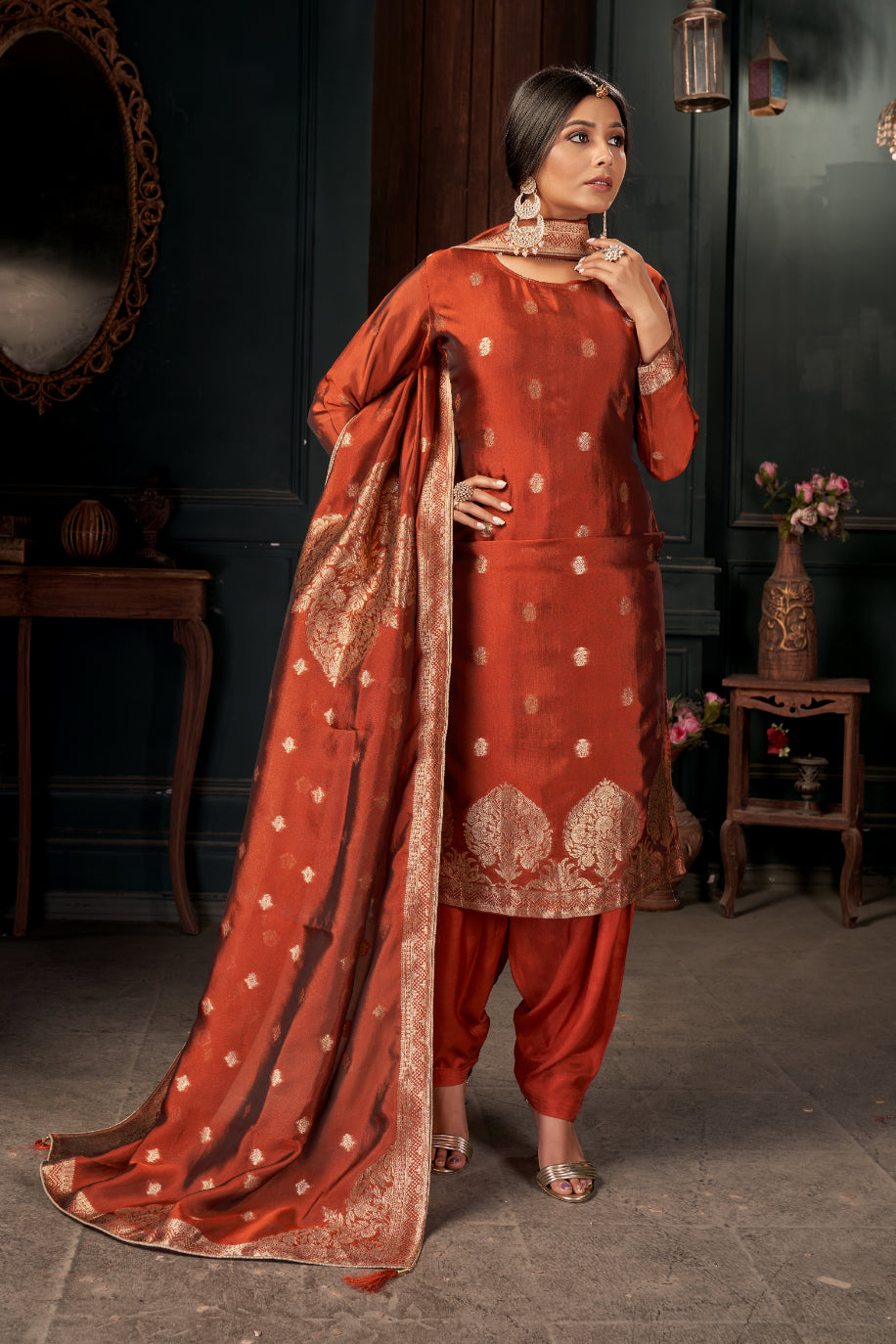 Burnt Orange Pure Viscose Unstitched Dress Material