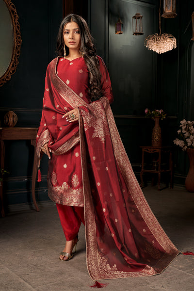 Bright Red Pure Viscose Unstitched Dress Material
