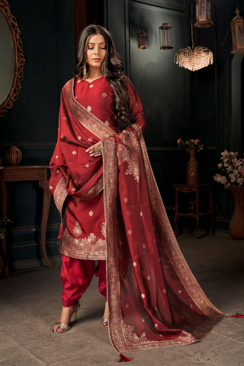 Bright Red Pure Viscose Unstitched Dress Material