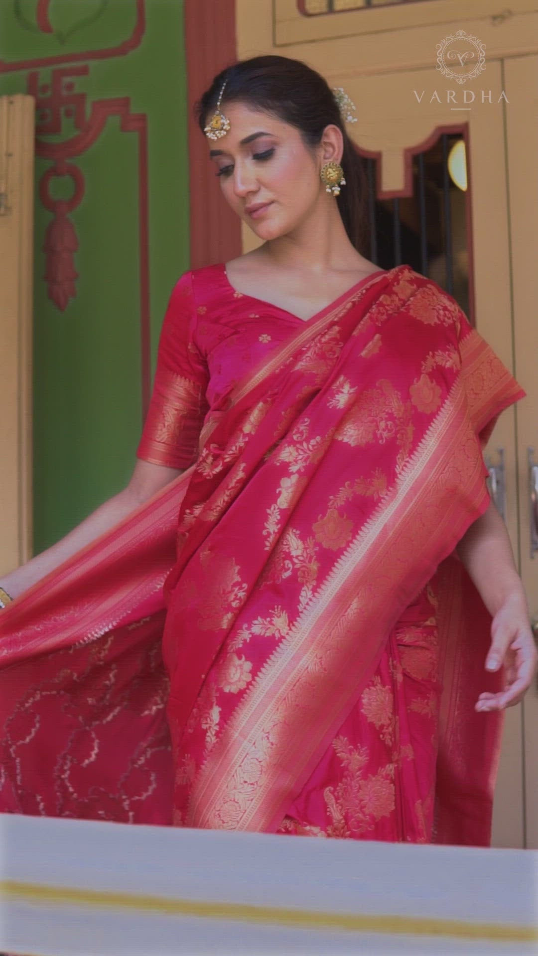 Bright Pink Golden Zari Banarasi Satin Silk Saree